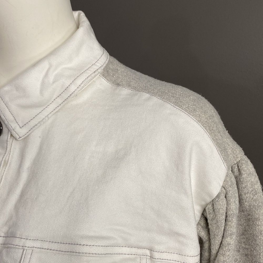 Peace Love World White/Gray Chic Denim Jacket Puff Gray Sleeve Oversized SZ XXS - Picture 11 of 16